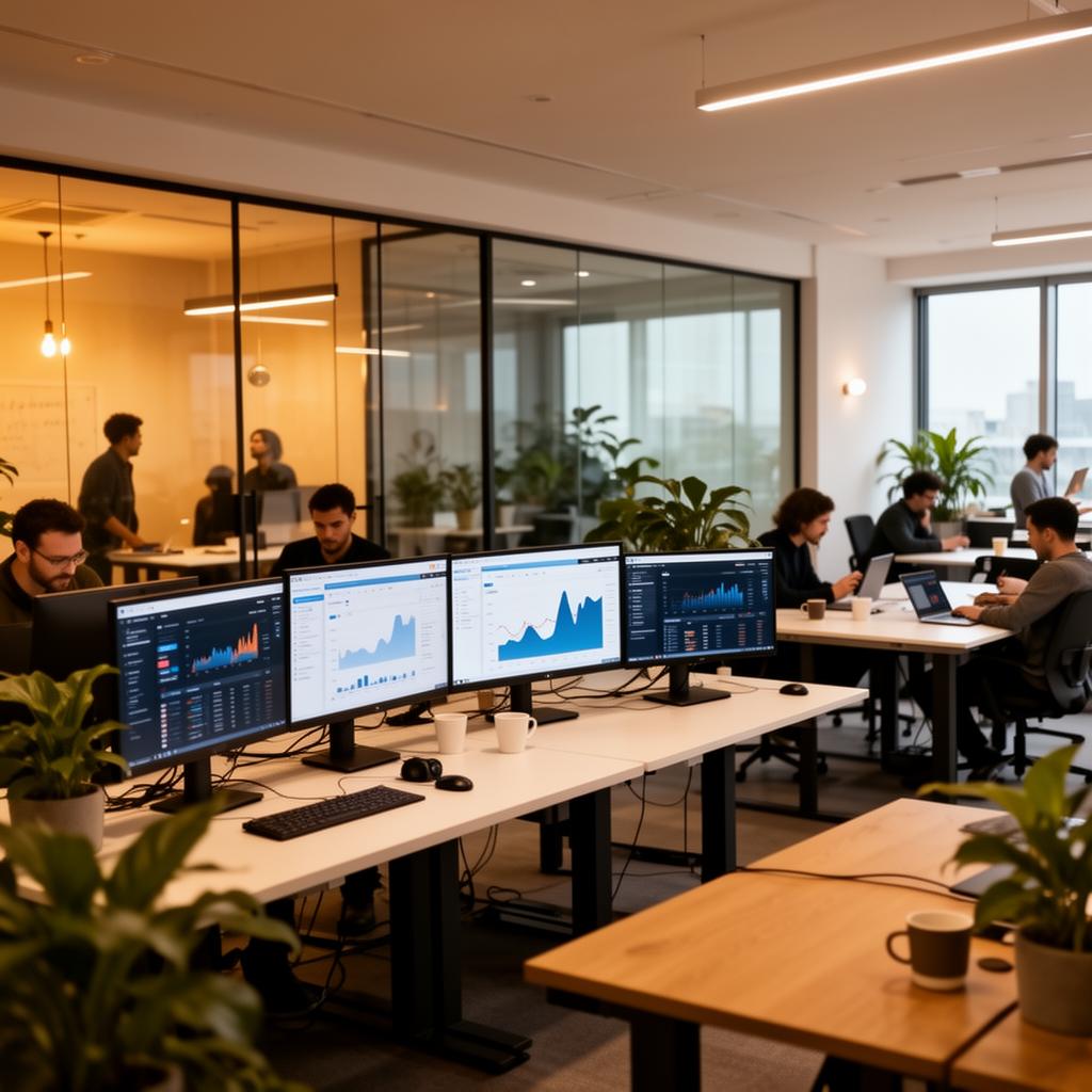 ZORO Marketing analytics workspace with multiple monitors showing campaign dashboards